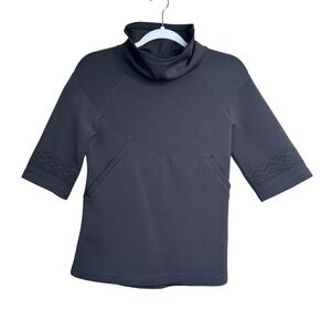 ivivva Black funnel neck short sleeve scuba top hidden drawstring pockets, sz 10